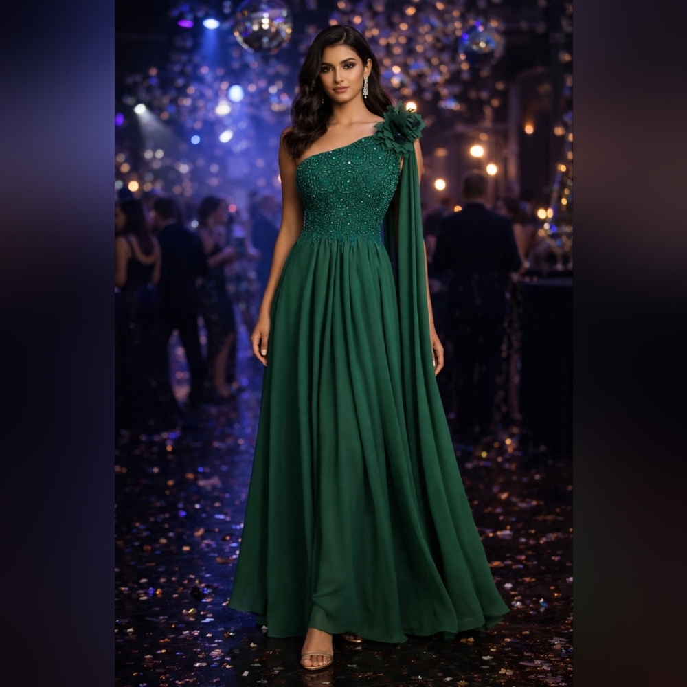 JJs House Emerald One-Shoulder Evening Gown